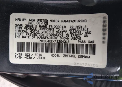 2010 Toyota Corolla Le из США, поврежденный, VIN 1NXBU4EEXAZ204318